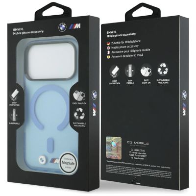 8. Etui BMW M IML Frosted Metal Logo & Trims MagSafe na iPhone 17 Pro / 18 Pro - niebieskie