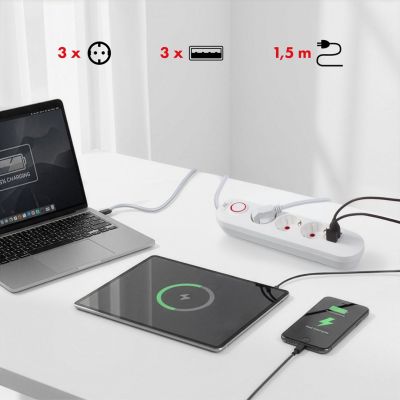 10. MACLEAN LISTWA ZASILAJĄCA, PRZEDŁUŻACZ 3 GNIAZDA + 3XUSB, 110-240V AC 50/60HZ, 2.1A MAX 2500W, 1,5M, BIAŁA MCE394 W