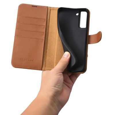 10. iCarer Haitang Leather Wallet Case skórzane etui do Samsung Galaxy S22+ (S22 Plus) portfel obudowa pokrowiec brązowy (AKSM05BN)