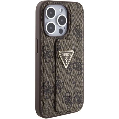 5. Etui Guess Grip Stand 4G Triangle Strass na iPhone 15 Pro - brązowe