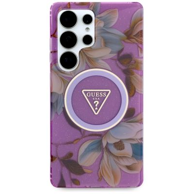 3. Etui Guess Glitter Flowers Triangle Buttons MagSafe na Samsung Galaxy S25 Ultra - fioletowe