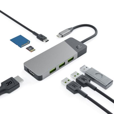 11. GREEN CELL HUB USB-C ADAPTER GC CONNECT 7W1 (3XUSB 3.1, HDMI 4K 60HZ, USB-C PD 85W, MICROSD/SD)
