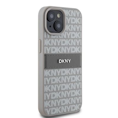 4. Etui DKNY Leather Mono Stripe & Metal Logo na iPhone 15 / 14 / 13 - beżowe
