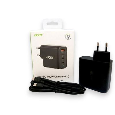 12. Acer 100W PD GaN Charger, 3 x USB C and 1 x USB A, EU Plug, 100W USB-C cable, Black, Retail Pack