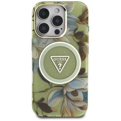 3. Etui Guess Glitter Flowers Triangle Buttons MagSafe do iPhone 16 Pro Max zielony