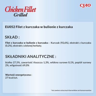 7. INABA Grilled Chicken Filet z kurczaka w bulionie o smaku kurczaka - przysmak dla kota - 25 g