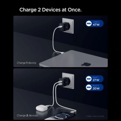 5. Ładowarka sieciowa Spigen Essential EE472EU 2-porty USC-C 47W - czarna