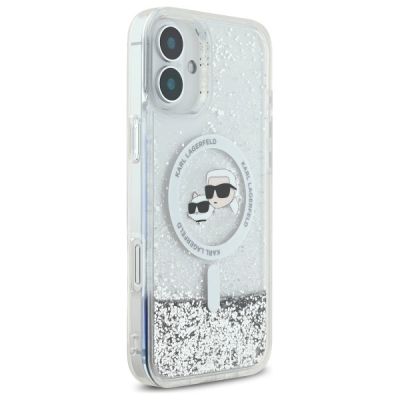 4. Etui Karl Lagerfeld Liquid Glitter Karl & Choupette Head Magsafe na iPhone 16 Plus - przezroczyste