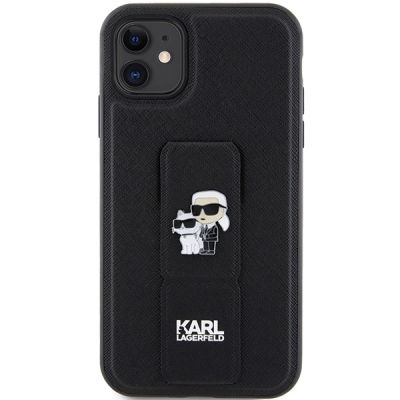3. Etui Karl Lagerfeld Gripstand Saffiano Karl&Choupette Pins na iPhone 11 / Xr - czarne