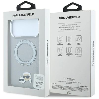 8. Etui Karl Lagerfeld with Ring Stand 360 Karl & Choupette Heads Pin MagSafe na iPhone 18 Pro / 17 Pro - szare