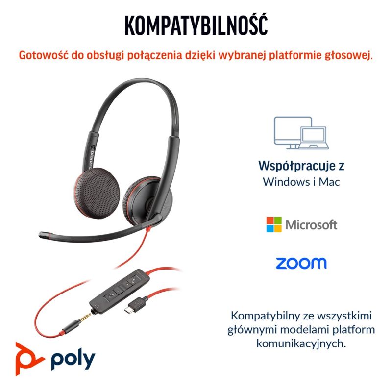 68. POLY Stereofoniczny zestaw słuchawkowy USB-C Blackwire 3225 + wtyczka 3,5 mm + przejściówka USB-C/A (opakowanie zbiorcze)