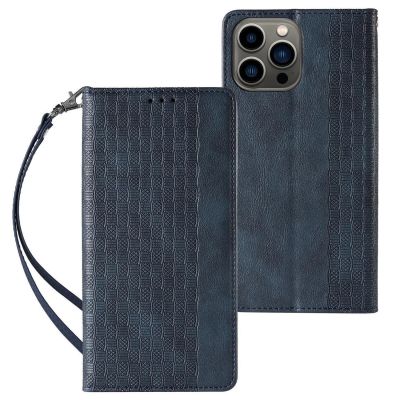 Magnet Strap Case etui Samsung Galaxy S23 Ultra pokrowiec z klapką portfel mini smycz podstawka niebieskie