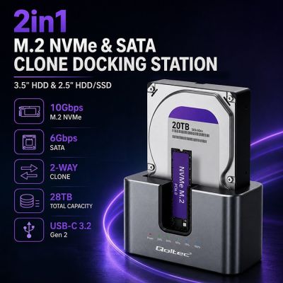 2. Qoltec 52631 Stacja dokująca HDD SSD | SATA | M.2 NVMe | Klonowanie | USB-C | 10Gb/s | 28TB