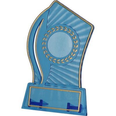 8. Trofeum plastikowe - przezroczysto - złote z miejscem na wklejkę 25mm i tabliczkę 47mmX14mm T-M