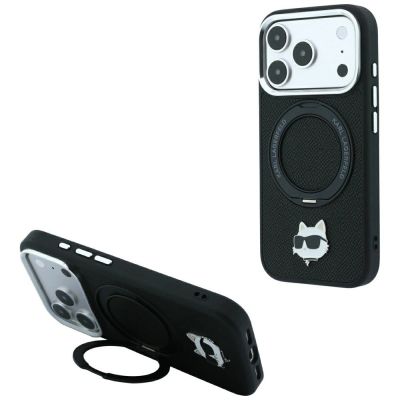 Etui Karl Lagerfeld with Ring Stand 360 Choupette Head Pin MagSafe na iPhone 18 Pro / 17 Pro - czarne