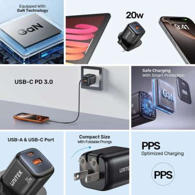 13. UNITEK ŁADOWARKA SIECIOWA 2X GAN USB-C & USB-A 20W CZARNA