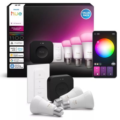 3. Philips Hue White and color ambiance Zestaw startowy: 3 inteligentne żarówki E27 + Dimmer switch + Bridge Pro
