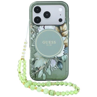 Etui Guess IML Flowers Pearl Strap MagSafe na iPhone 18 Pro / 17 Pro - zielone