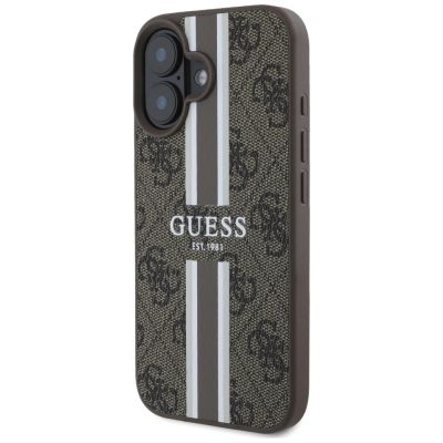 10. Etui Guess 4G Printed Stripes MagSafe na iPhone 16 - brązowe