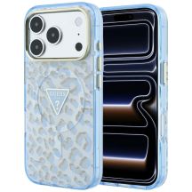 Etui Guess IML Leopard Glitter Triangle Logo MagSafe do iPhone 17 Pro / 18 Pro - niebieskie