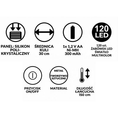 24. LAMPA SOLARNA WISZĄCA KULA 30CM 120 LED MULTIKOLOR