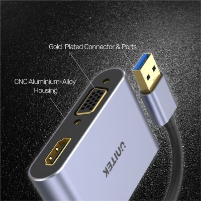 4. UNITEK V1304A adapter kablowy 0,15 m USB Typu-A HDMI + VGA (D-Sub) Szary