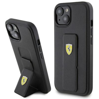 Etui Ferrari Grip Stand Metal Logo na iPhone 15 - czarne