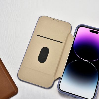 21. iCarer CE Premium Leather Folio Case skórzane etui iPhone 14 Pro Max z klapką magnetyczne MagSafe jasnofioletowy (WMI14220716-LP)