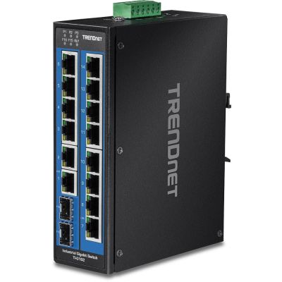 8. TRENDnet TI-G162 - Przełącznik - niezarządzalny - 14 x 10/100/1000 + 2 x Gigabit SFP - Możliwość montażu na szynie DIN, montaż na ścianie - DC