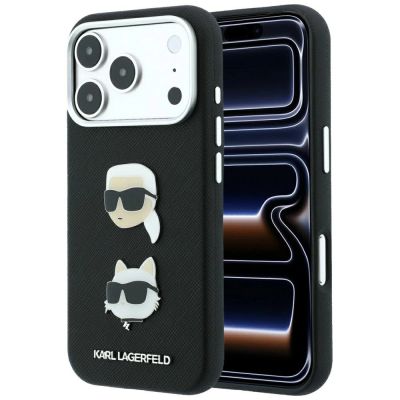 Etui Karl Lagerfeld Saffiano with Karl & Choupette Heads Pins & Logo na iPhone 18 Pro / 17 Pro - czarne