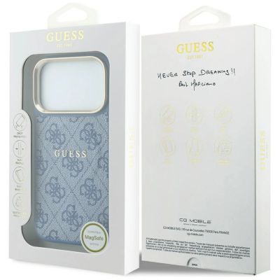 8. Etui Guess Embossed 4G Classic MagSafe na iPhone 17 Pro / 18 Pro - niebieskie