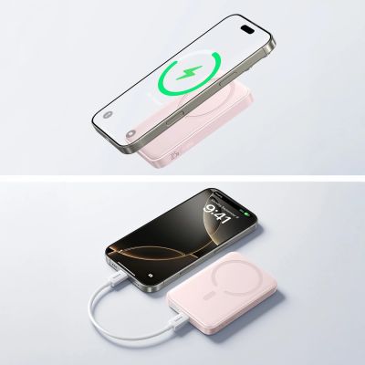 6. Powerbank Baseus EnerFill FM11 Ultra-Mini 10000mAh 22,5W indukcyjny kompatybilny z MagSafe z białym kablem Basus Simple USB-C 20V/3A 0,3m - różowy