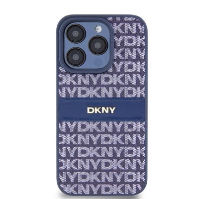 3. Etui DKNY Leather Mono Stripe & Metal Logo na iPhone 15 Pro - niebieskie