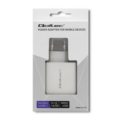 2. QOLTEC ŁADOWARKA SIECIOWA 45W | 5-20V | 2.4-3A | USB TYP C PD | USB | BIAŁA