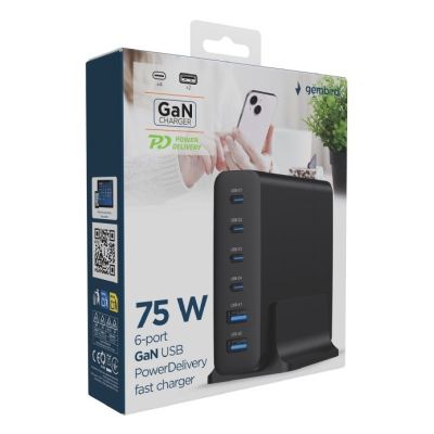 5. GEMBIRD 6-PORTOWA SZYBKA ŁADOWARKA SIECIOWA GAN (PD) 6XUSB (2X USB-A + 4X USB-C), 75W, CZARNA