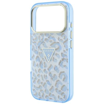 6. Etui Guess IML Leopard Glitter Triangle Logo MagSafe na iPhone 17 Pro Max / 18 Pro Max - niebieskie