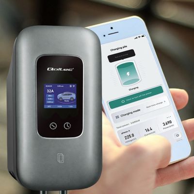 10. Qoltec Stacja ładowania EV Typ2 do samochodu elektrycznego i hybryd |  3 fazy | 22kW | 32A | Wi-fi | LCD | RFID | Smart life | TUYA | Wallbox | 5m