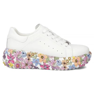3. Skórzane półbuty sneakersy na platformie w kwiaty białe Filippo DP7507
