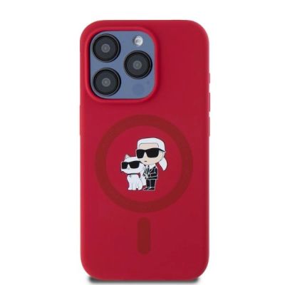 3. Etui Karl Lagerfeld Silicone Karl&Choupette Heads Ring MagSafe na iPhone 15 Pro - czerwone