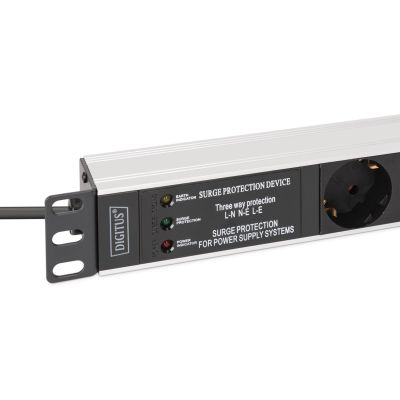 4. Listwa zasilająca PDU Rack 19" zab. przeciwprzepięciowe+filtr EMI/RFI, 7 gniazd Schuko CEE 7/3 (45°), kabel 2m wtyk Unischuko CEE 7/7, 16A, aluminiowa