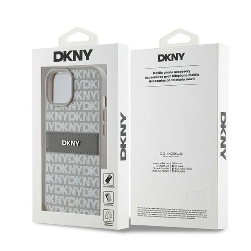 8. Etui DKNY Leather Mono Stripe & Metal Logo na iPhone 15 Plus / 14 Plus - beżowe