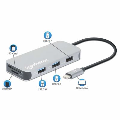 11. Stacja dokująca MANHATTAN USB-C 8 w 1 z zasilaniem USB 3.2 Gen 1 Type-C męski na żeński HDMI, trzy porty USB-A, gigabitowy port RJ45, port USB-C Power Delivery, czytnik kart SD/MicroSD, aluminium, gwiezdna szarość (13061)