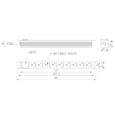 14. GEMBIRD LISTWA ZASILAJĄCA RACK (PDU) 9 GNIAZD FR, 1U, 16A, WTYK FR, 2M