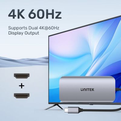 9. UNITEK AKTYWNY HUB USB-C 2X HDMI, CZYTNIK SD, 4K, RJ-45, PD 100W, 5 GBPS