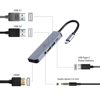 3. GEMBIRD MULTI ADAPTER USB TYP-C 5W1 (HUB + HDMI + PD + DŹWIĘK STEREO) SREBRNY