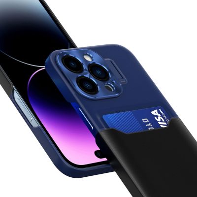 5. Leather Stand Case etui do iPhone 14 pokrowiec portfel na kartę z podstawką niebieskie