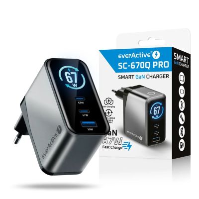 10. EVERACTIVE ŁADOWARKA SIECIOWA GAN 1 X USB, 2 X USB-C QUICK CHARGE 4+ 67W CZARNA SC-670Q