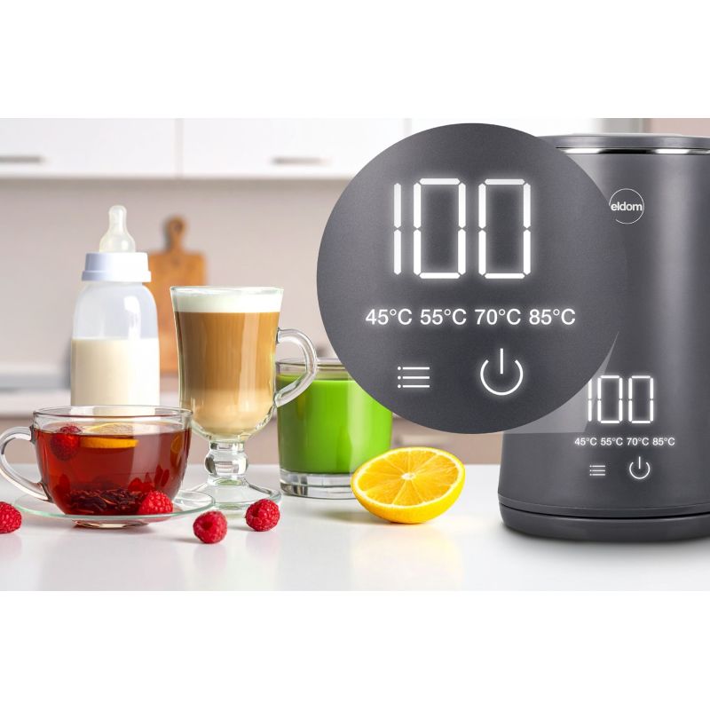 4. ELDOM CZAJNIK BEZPRZEWODOWY C515S ORRA 1,8L 2000W, SZARY, 5 PROGRAMÓW 45,55,70,85,100°C, PODTRZYMYWANIE TEMPERATURY