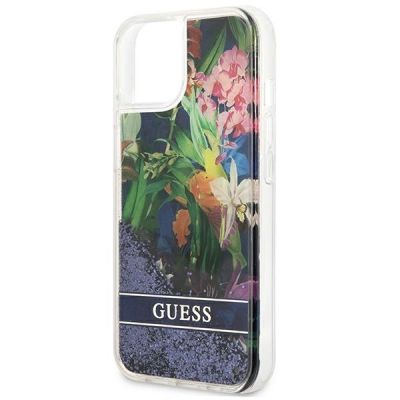 6. Etui Guess Flower Liquid Glitter na iPhone 13 mini - niebieskie