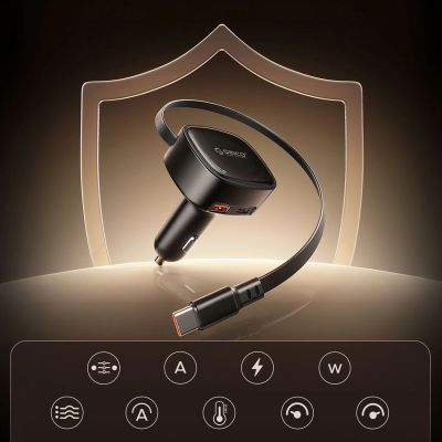 11. Ładowarka samochodowa Orico FC-66-1A2C 66W z wbudowanym zwijanym kablem USB-C - czarna